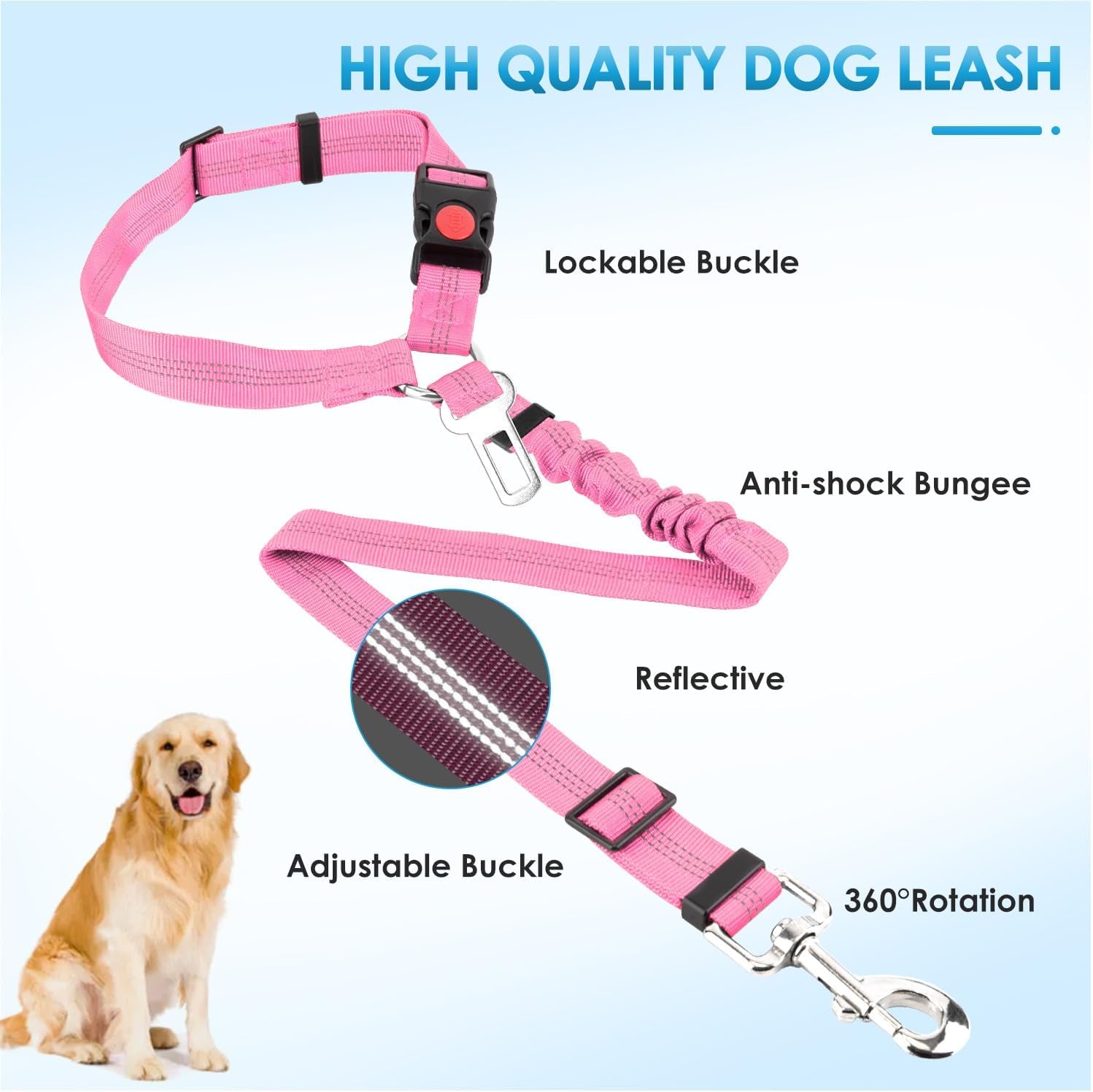Dog Seatbelt Leash for Cars, 2 Pack Pet Safety Seat Belt with Adjustable Buckle & Reflective Bungee, Connect Dog Harness in Vehicle Dogs Restraint Travel Daily Use (Pink)