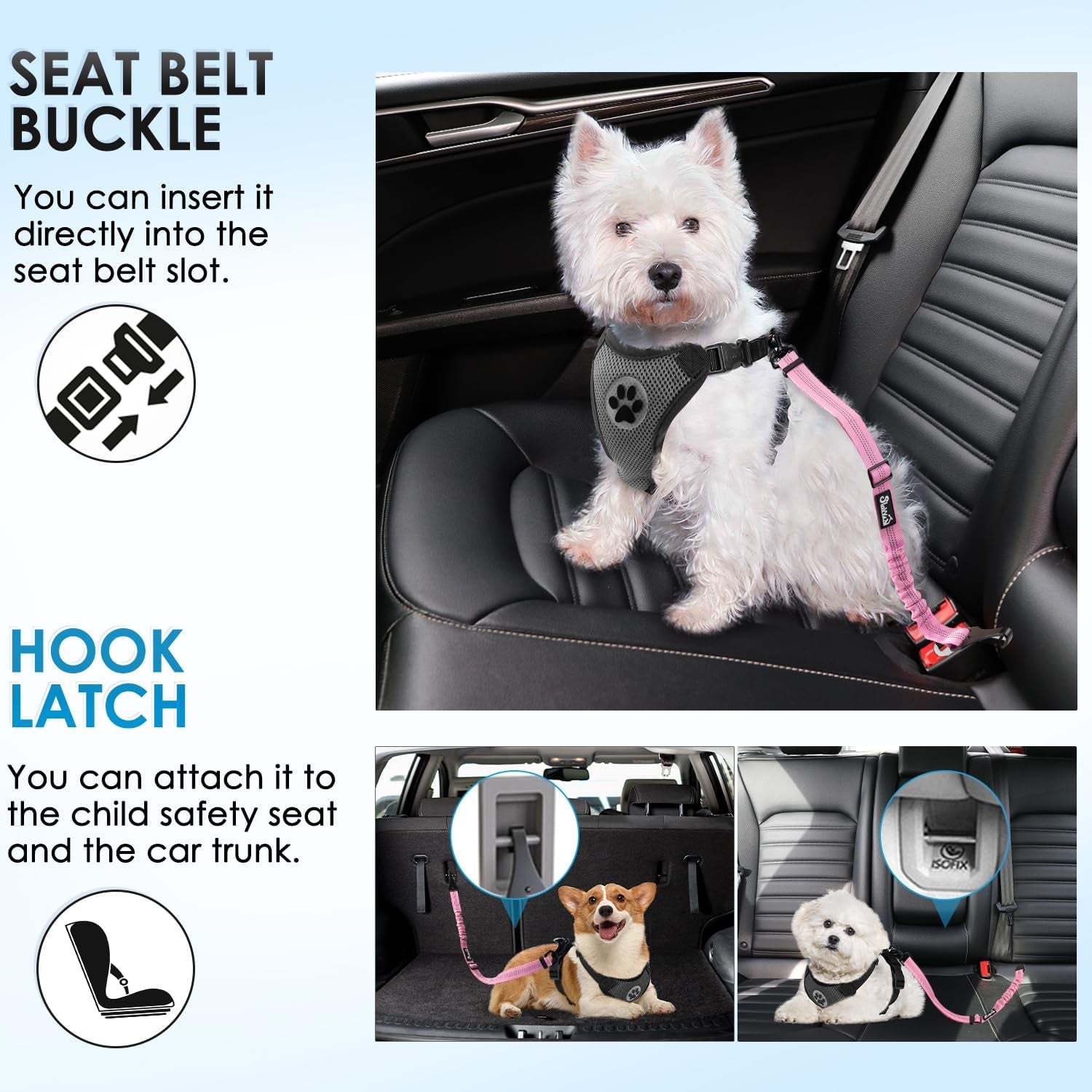 Dog Seatbelt Leash for Cars, 2 Pack Pet Safety Seat Belt with Adjustable Buckle & Reflective Bungee, Connect Dog Harness in Vehicle Dogs Restraint Travel Daily Use (Pink)