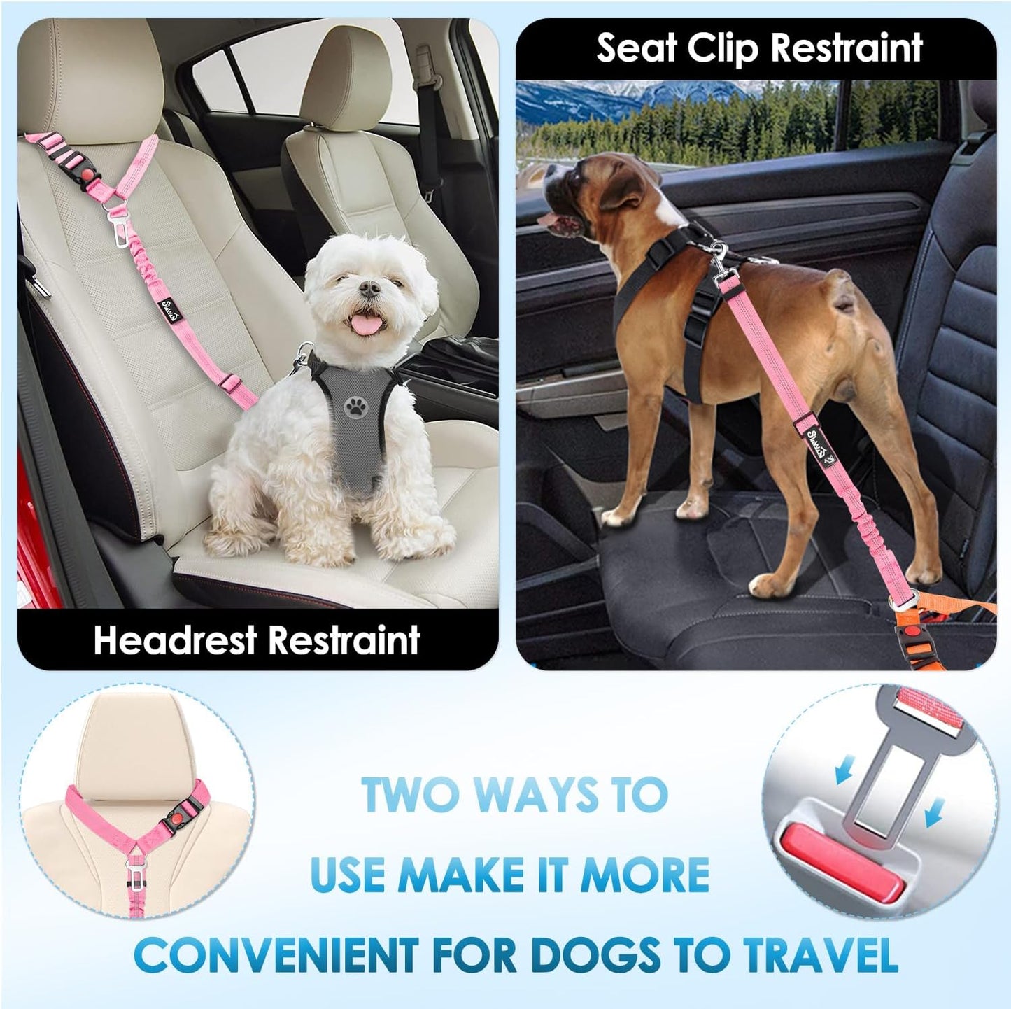Dog Seatbelt Leash for Cars, 2 Pack Pet Safety Seat Belt with Adjustable Buckle & Reflective Bungee, Connect Dog Harness in Vehicle Dogs Restraint Travel Daily Use (Pink)