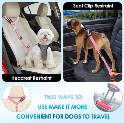 Dog Seatbelt Leash for Cars, 2 Pack Pet Safety Seat Belt with Adjustable Buckle & Reflective Bungee, Connect Dog Harness in Vehicle Dogs Restraint Travel Daily Use (Pink)