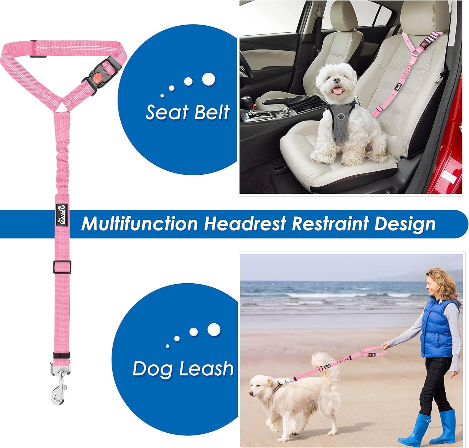 Dog Seatbelt Leash for Cars, 2 Pack Pet Safety Seat Belt with Adjustable Buckle & Reflective Bungee, Connect Dog Harness in Vehicle Dogs Restraint Travel Daily Use (Pink)