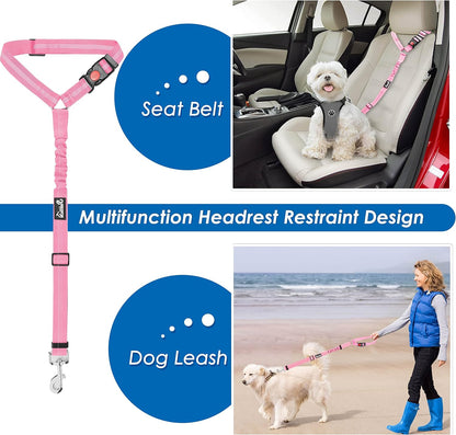 Dog Seatbelt Leash for Cars, 2 Pack Pet Safety Seat Belt with Adjustable Buckle & Reflective Bungee, Connect Dog Harness in Vehicle Dogs Restraint Travel Daily Use (Pink)