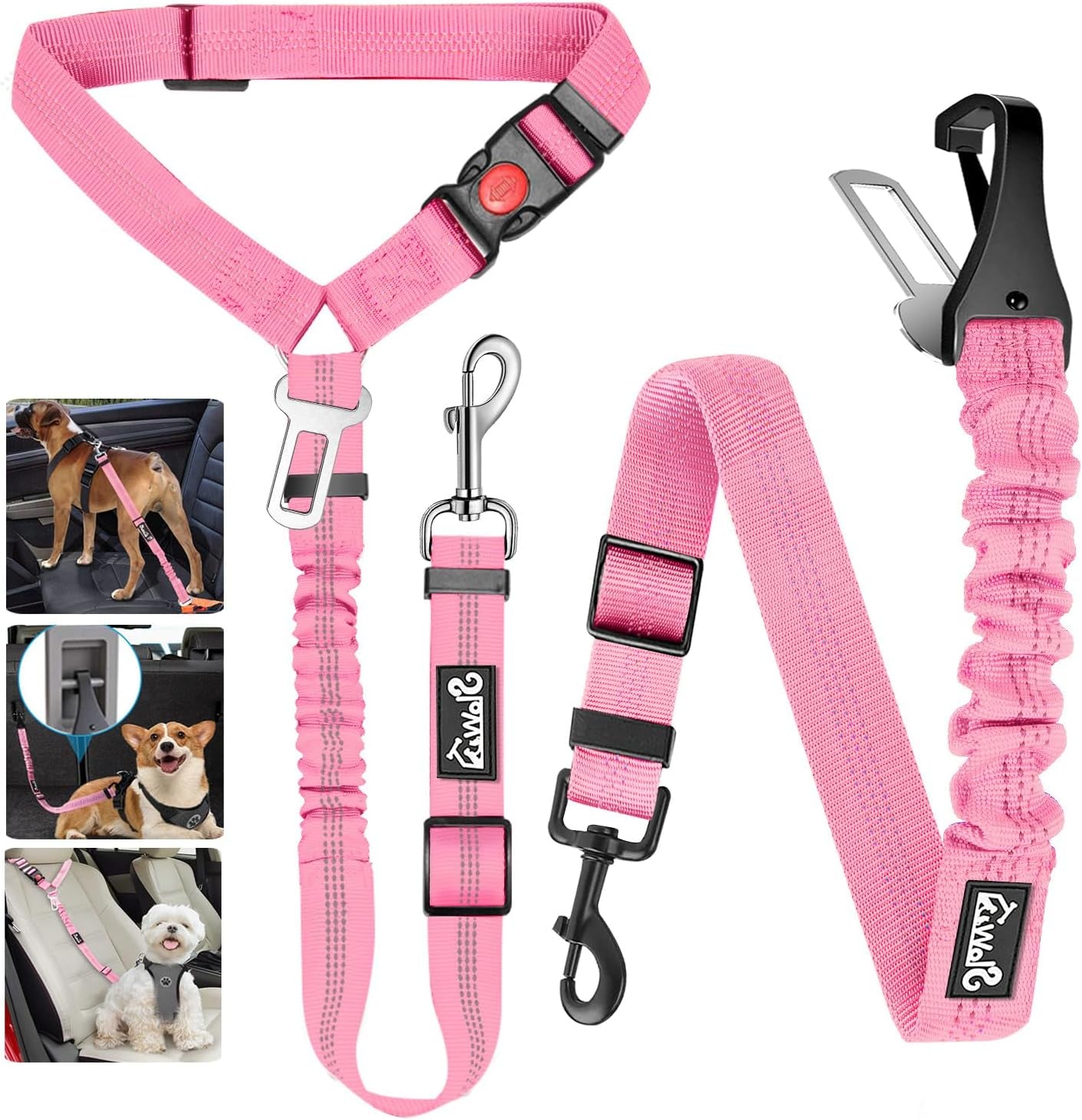 Dog Seatbelt Leash for Cars, 2 Pack Pet Safety Seat Belt with Adjustable Buckle & Reflective Bungee, Connect Dog Harness in Vehicle Dogs Restraint Travel Daily Use (Pink)