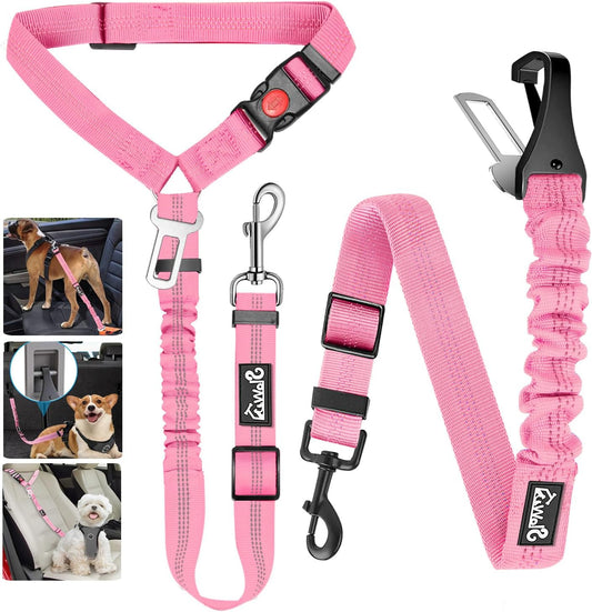 Dog Seatbelt Leash for Cars, 2 Pack Pet Safety Seat Belt with Adjustable Buckle & Reflective Bungee, Connect Dog Harness in Vehicle Dogs Restraint Travel Daily Use (Pink)