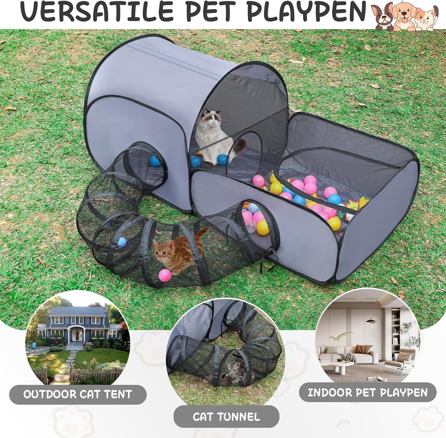 Dog Playpen with Surround Tunnel, Outdoor/Indoor Cat Playpen with Breathable Soft Sides， Cat Enclosure Tent for Small Animals, Portable Cat Tent with Carry Bag (Large)