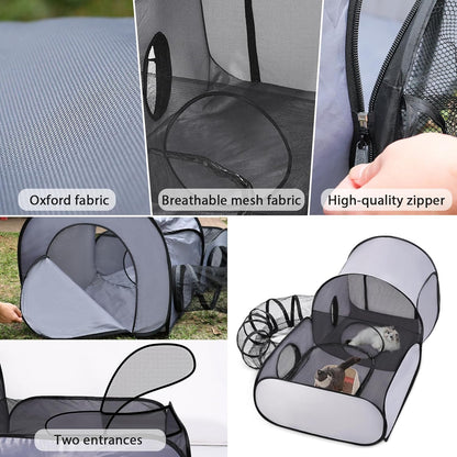 Dog Playpen with Surround Tunnel, Outdoor/Indoor Cat Playpen with Breathable Soft Sides， Cat Enclosure Tent for Small Animals, Portable Cat Tent with Carry Bag (Large)