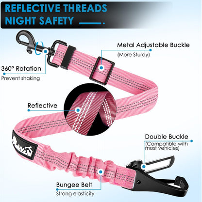 Dog Seatbelt Leash for Cars, 2 Pack Pet Safety Seat Belt with Adjustable Buckle & Reflective Bungee, Connect Dog Harness in Vehicle Dogs Restraint Travel Daily Use (Pink)