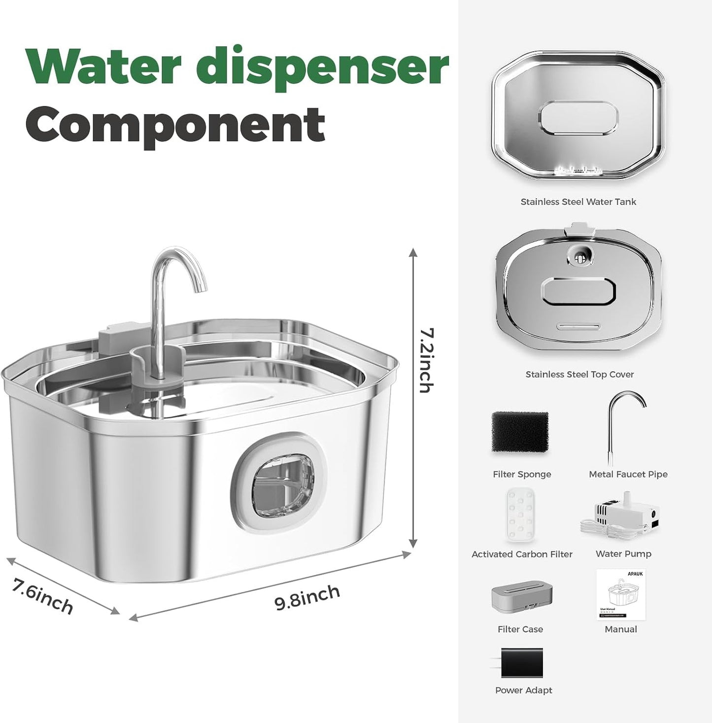 Cat Water Fountain,  108Oz/3.2L Silent Cat Water Fountain Stainless Steel, Cat Fountain, Automatic Pet Water Fountain,Dog Bowl - (1 Filter& 1 Sponge)
