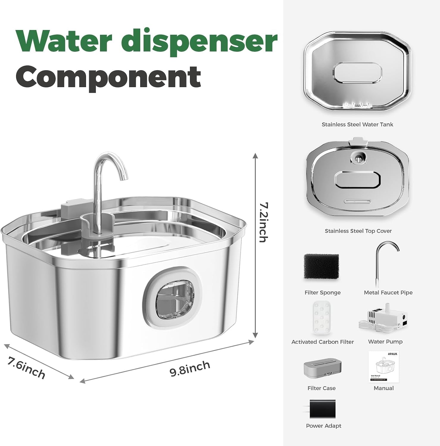 Cat Water Fountain,  108Oz/3.2L Silent Cat Water Fountain Stainless Steel, Cat Fountain, Automatic Pet Water Fountain,Dog Bowl - (1 Filter& 1 Sponge)